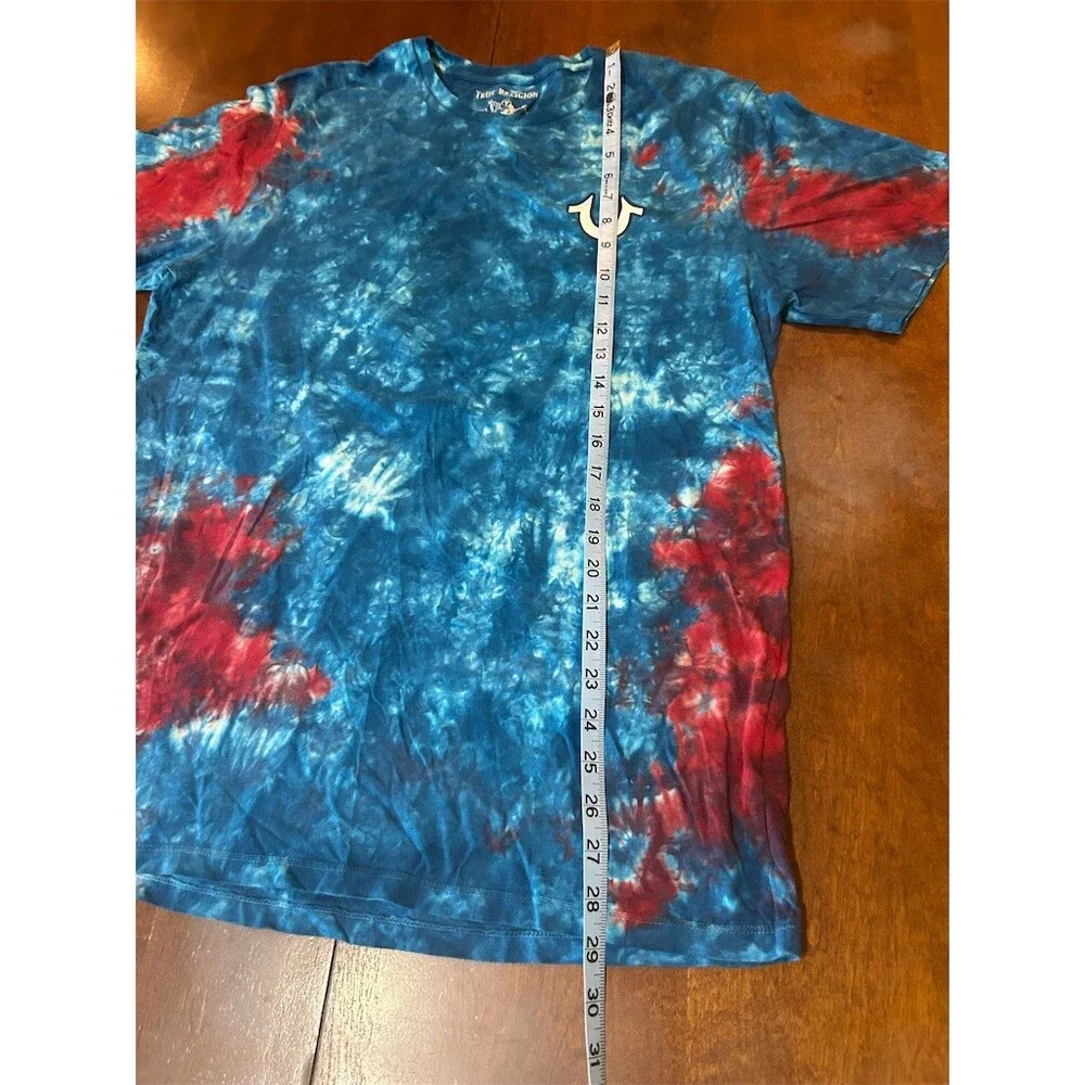 True Religion T-Shirt Mens L Blue Red Tie Dye World Tour Buddha Guitar